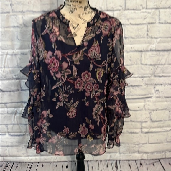 Chico’s Chiffon Floral Ruffle Blouse Long Sleeve Feminine Sheer w/Camisole - Picture 2 of 12